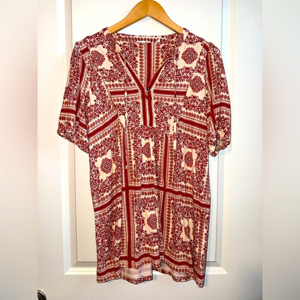 Fat Face Red & White Boho Floral Geometric Print Blouse – Women’s Size 8